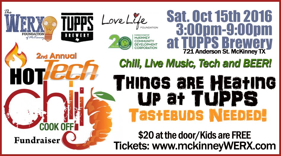 McKinneyWERX's tweet photo. Last day to get discount earlybird tickets to the @McKinneyWERX Hot Tech Chili Cook-Off Event tomorrow at TUPPS! https://t.co/PgOPwo22dn https://t.co/XTTzDTt6D0