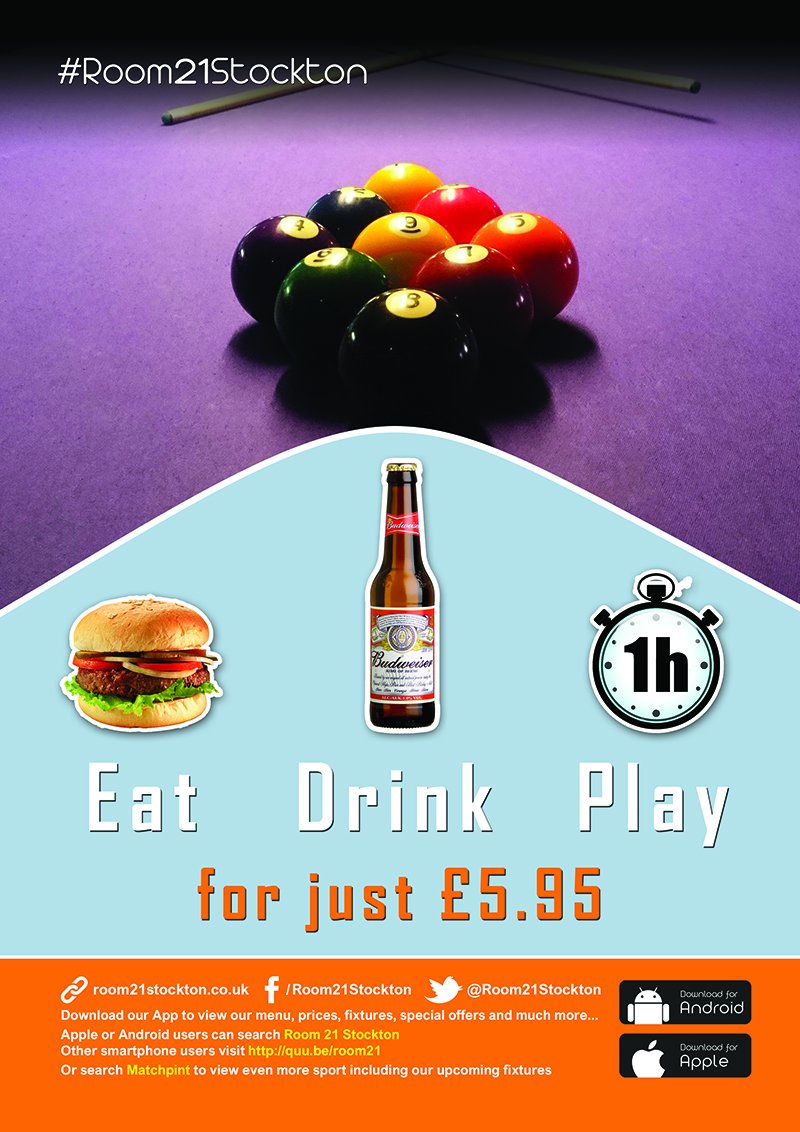 Take advantage of this fantastic offer #EatDrinkPlay at #Room21Stockton #SportsBar