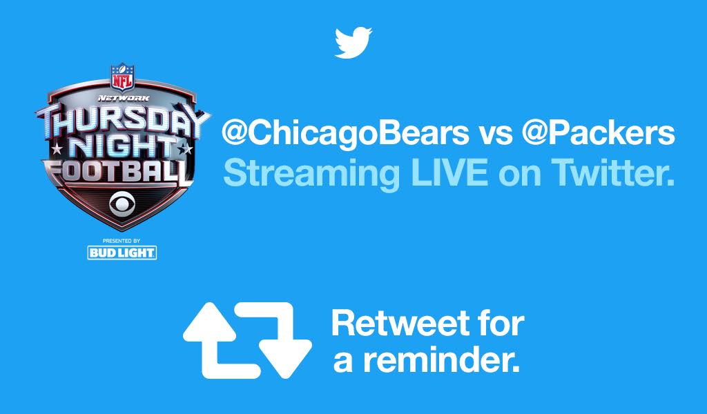 Sports's tweet image. Retweet for a reminder to watch #CHIvsGB this Thursday!

Only on NFLN, CBS, and streaming LIVE on Twitter at 8pm ET.