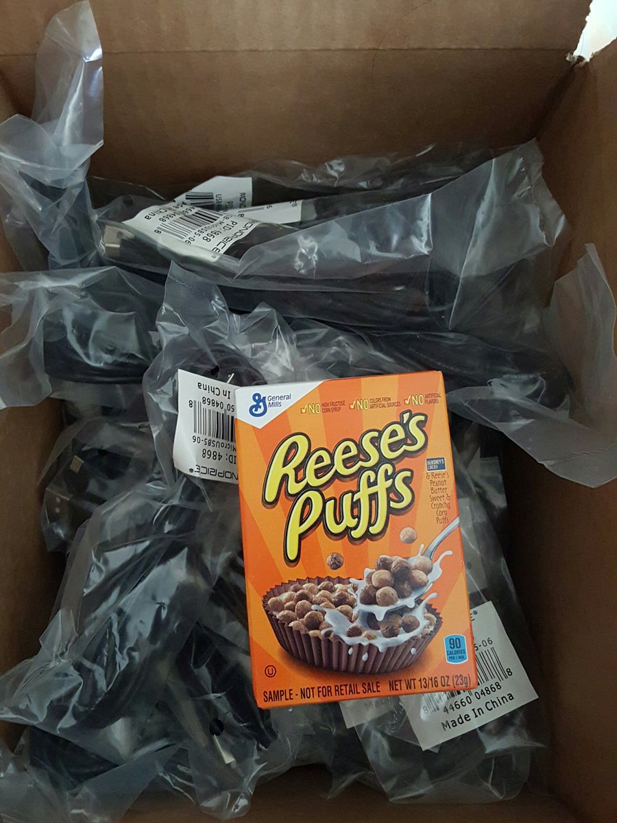 found_jellyfish's tweet photo. When your order of micro usb cables comes with a box of Reese's Puffs https://t.co/gll8cj0QAn