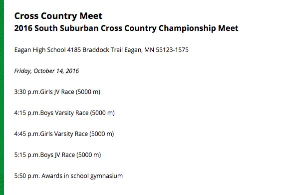 Eagan_Athletics's tweet photo. Results for todays SSC Cross Country Championships at Eagan will be at the following https://t.co/olGyOq2GaJ.

Again here is the schedule https://t.co/AqSzfWU9vx