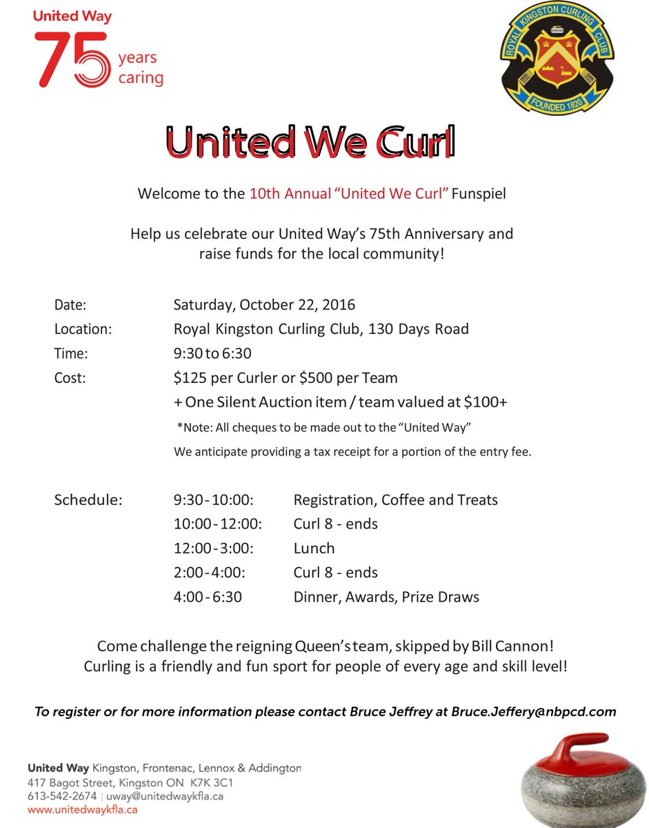 Attention #TeamYGK #ygk Curlers. The "United We Curl" Funspiel is almost here. Contact Bruce Jeffrey Bruce.Jeffrey@nbpcd.com to register!