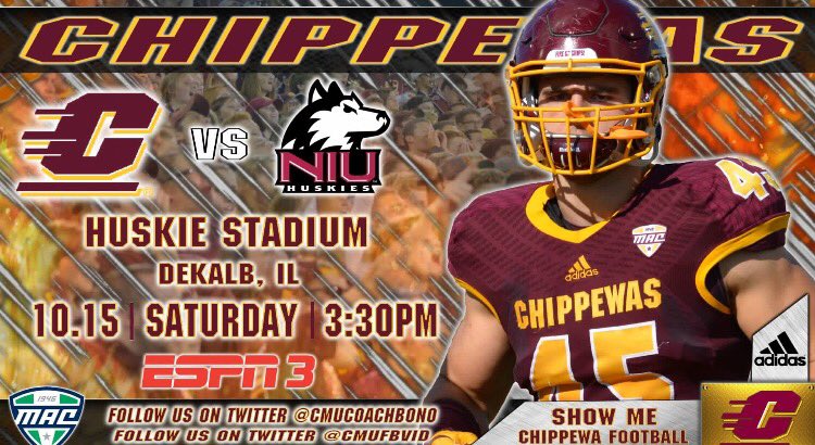 CMUFBVid's tweet photo. Remember to tune into @ESPN3 tomorrow at 3:30 to watch the Chips take on NIU! #FireUpChips #ShowMe https://t.co/JE82revquV