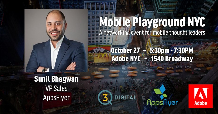 AppsFlyer's tweet photo. Don't miss this #MobilePlayground event w/ @Adobe &amp; @3QDigital on 10/27 in #NYC! https://t.co/ZiBRRzda1k https://t.co/fBI6LuHNgR