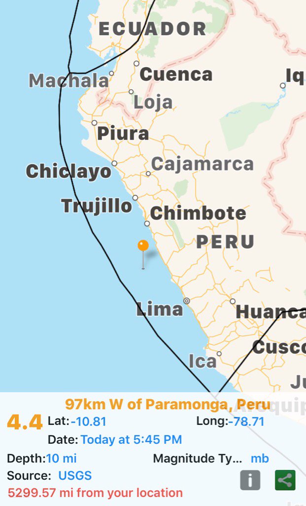 1shawnster's tweet photo. There was an #earthquake in 97km W of Paramonga, #Peru of magnitude 4.4 on Today at 5:45 PM ET.
 #MalliardReport https://t.co/Nl0x8gmO3w