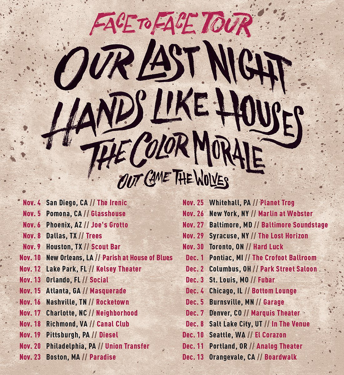 MusicEngaged's tweet image. Who is ready for the #facetoface tour w/ @OLNband @thecolormorale @handslikehouses &amp;amp; #outcamethewolves? Get your tickets now! #musicengaged