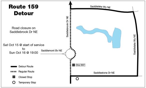 calgarytransit's tweet photo. #Route159 CLOSURE Sat, Oct 15 - Sun, Oct 16 Saddlebrook Dr NE between Saddlestone Dr NE &amp; Saddlemont Blvd NE https://t.co/ztnDLw1oNM https://t.co/RJGzKX4ORz