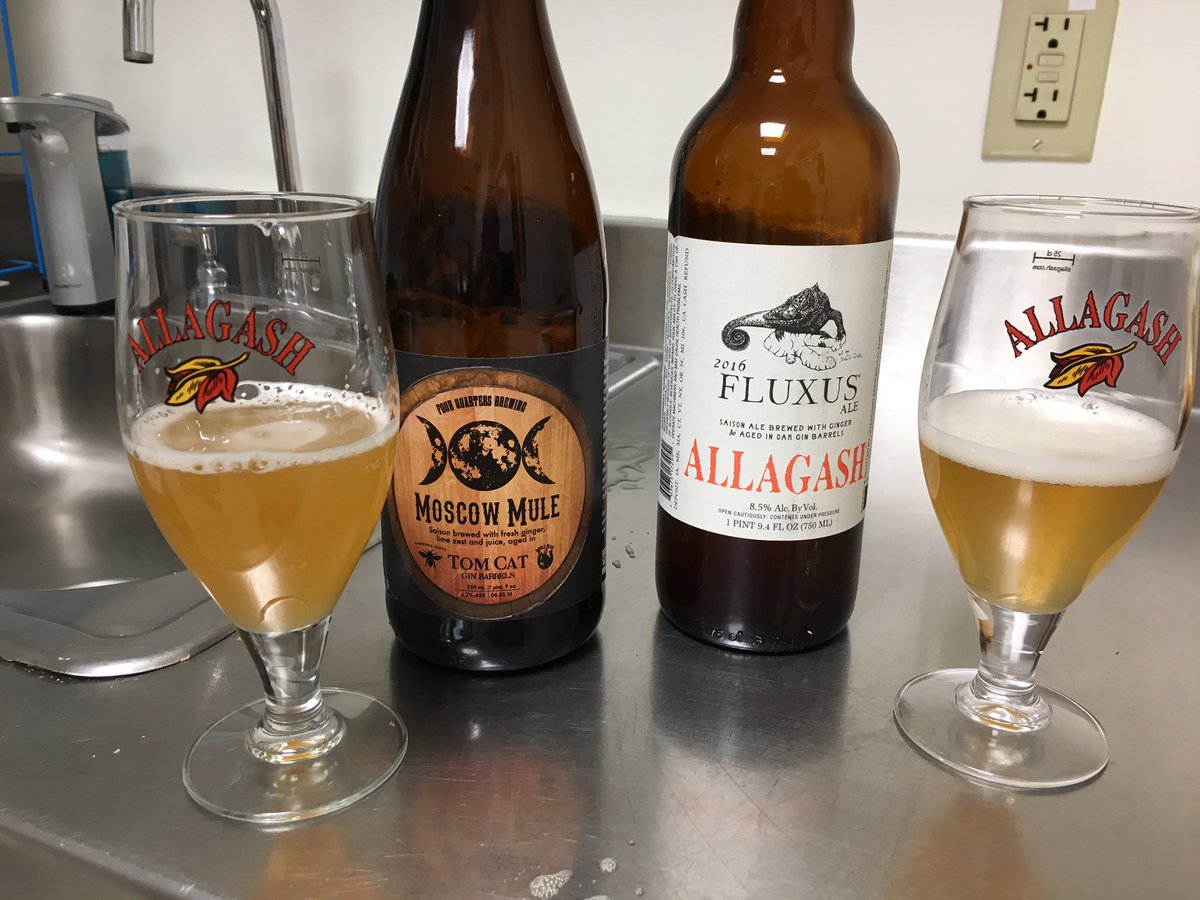 Fun to try these 2 side by side. Both Saisons with Ginger and aged in <a href="/CaledoniaSpirit/">Barr Hill Gin</a> Tom Cat Gin barrels. #4quartersbrew <a href="/AllagashBrewing/">Allagash Brewing Co</a>
