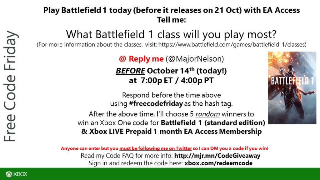 majornelson's tweet image. #FreeCodeFriday time. Read this and you could win a code for Battlefield 1 + 1 month @EAAccess Membership on Xbox One. Good luck.