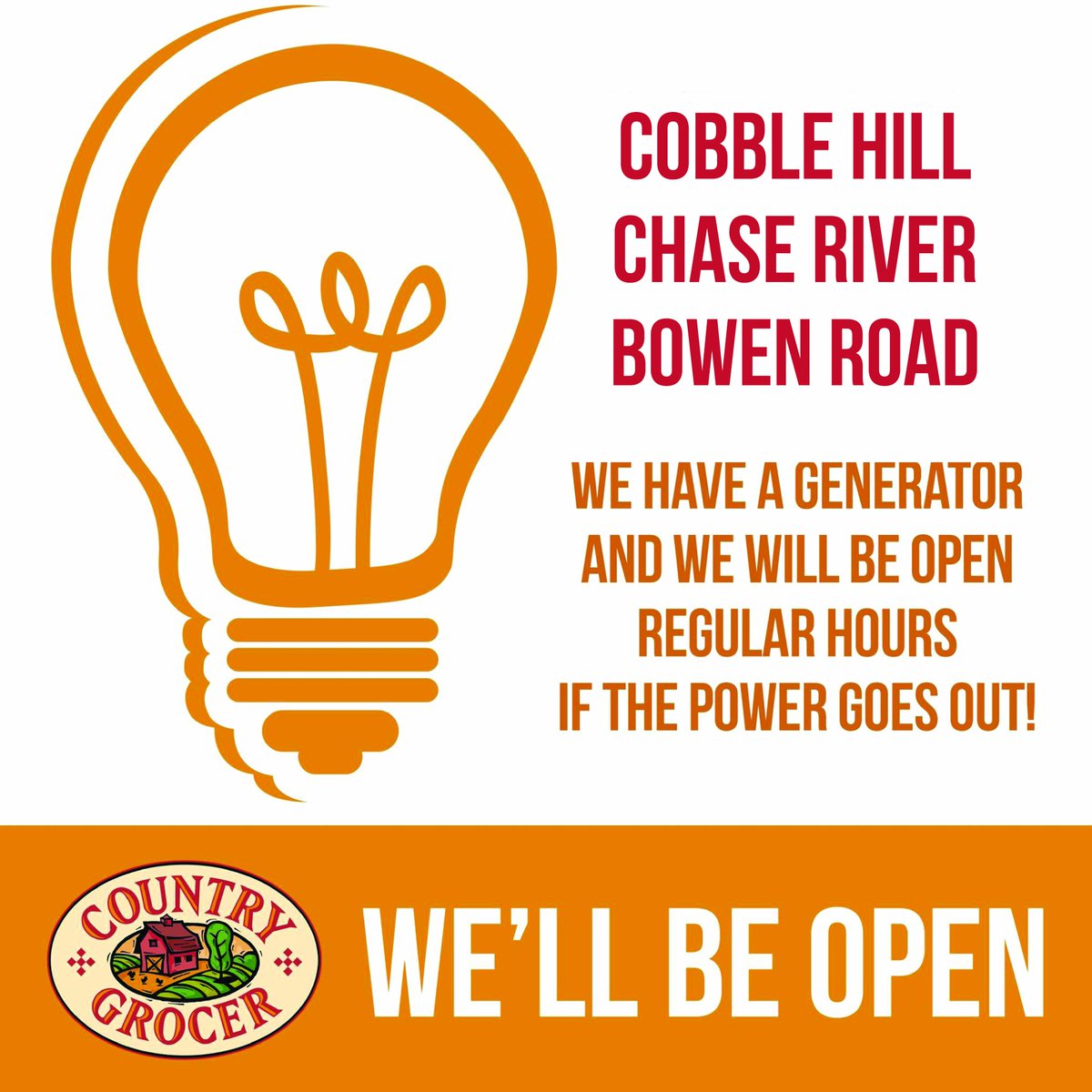 CountryGrocer's tweet photo. Now our #Nanaimo stores have generators too!  So all 3 stores will be open if the power goes out!  #cobblehill https://t.co/jyF6a1jljb