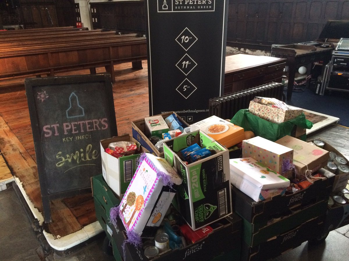 stpetersbethnal's tweet photo. We're collecting 1 whole tonne of non-perishables for #Foodbank this Oct. Bring tins! Great friends helped &amp; now we're over half way there https://t.co/vTvwWH5dA7