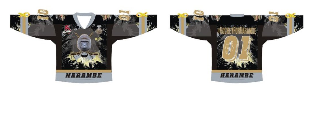 BleacherReport's tweet photo. Harambe for a cause 🙏 #HockeyForHarambe

Junior league hockey team to wear Harambe jerseys for ‘Wildlife Week’ https://t.co/T1i79GcxhH https://t.co/FYT2aXPCoh