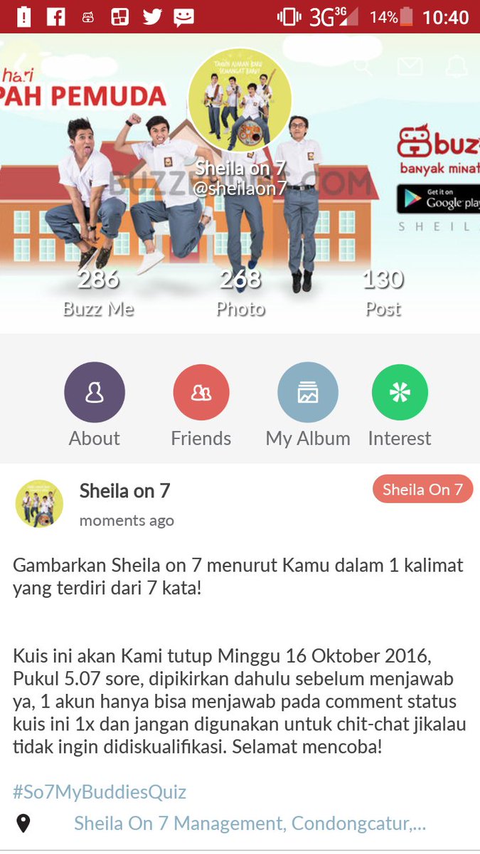 sheilaon7's tweet photo. #So7MyBuddiesQuiz di https://t.co/WF8sTwvYBZ

Good luck! ;)

@BuzzBuddies_ID #So7MyBuddies #SupportLocalSocmed #SheilaonOctober #Sheilagank https://t.co/8g8KW3bGDh