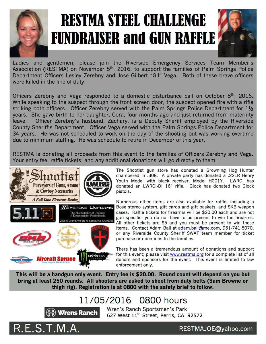 RESTMA Steel Shoot Fundraiser &amp; Gun Raffle for Ofc. Zerebny and Ofc. Vega, Nov 5th at 0800 at Wren's Ranch Sportsmen's Park.  Please share