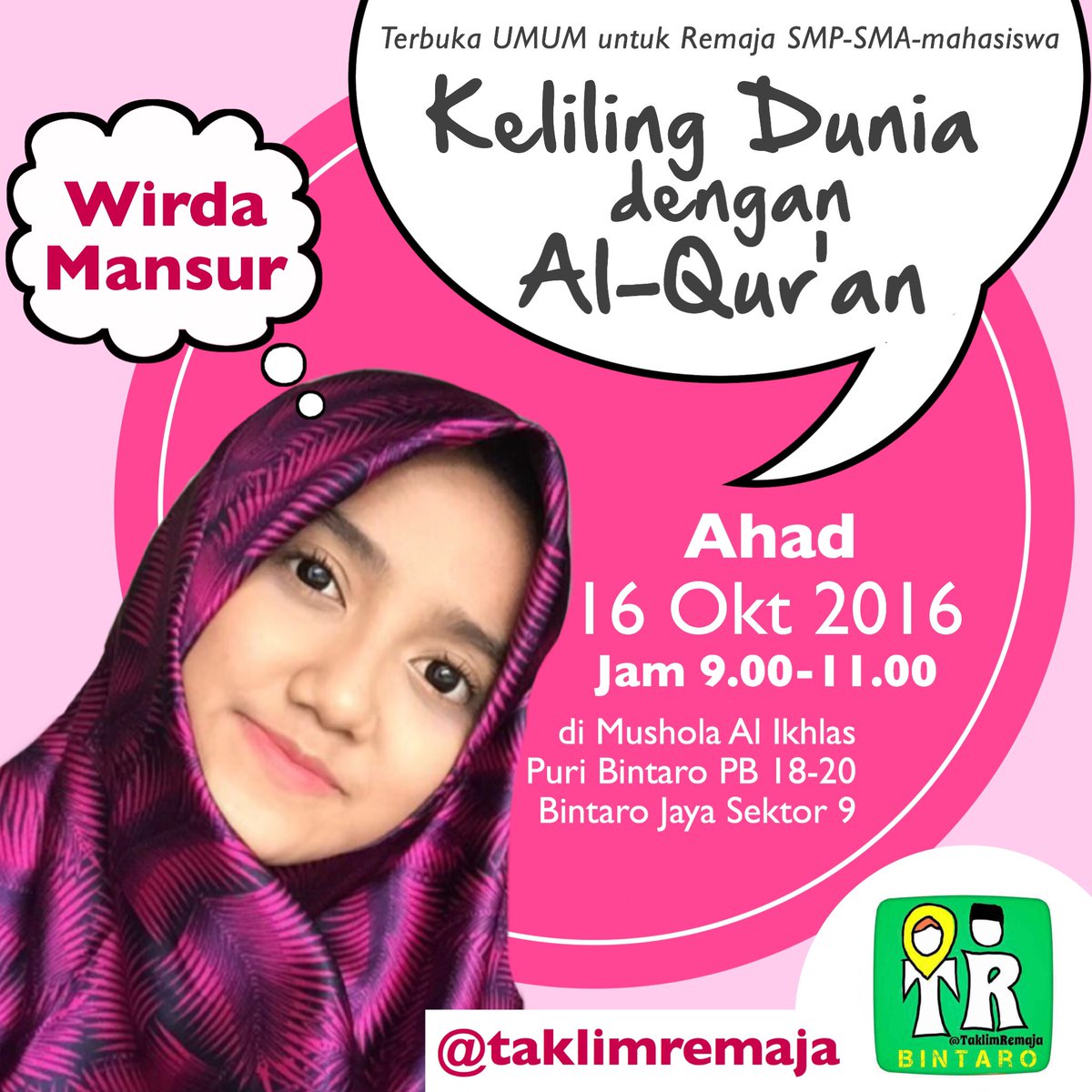 TaklimRemaja's tweet photo. Minggu 16 Okt 2016 @Wirda_Mansur putri ust @Yusuf_Mansur di @taklimremaja, utk remaja only. Cc @teukuwisnu2 @dewisandra https://t.co/SagsueZ8dJ
