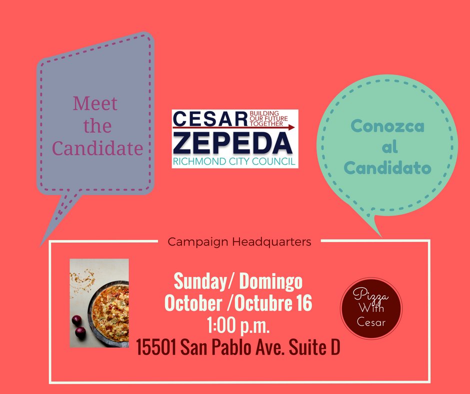 Cesar_Zepeda1's tweet photo. Have pizza with Cesar Zepeda, Candidate for Richmond City Council.
Sunday at our Campaign Headquarters

#MeetTheCandidate #CesarForRichmond https://t.co/uL8Jch9VY6