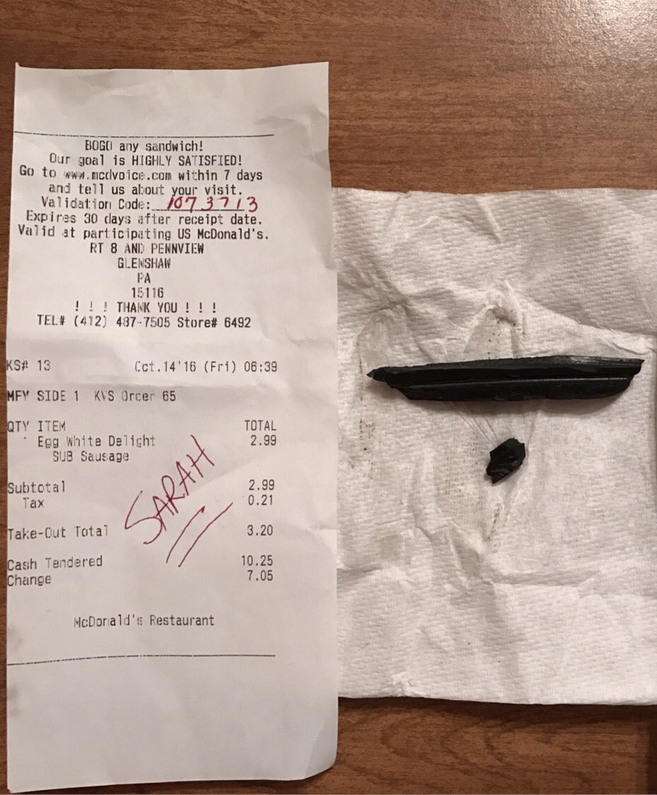 Ali (@bioenginerd5) on Twitter photo NEVER going to <a href="/McDonalds/">McDonald's</a> again after my mom found this hunk of rubber in her sandwich this morning. And all they offered was a free coupon! NEVER going to <a href="/McDonalds/">McDonald's</a> again after my mom found this hunk of rubber in her sandwich this morning. And all they offered was a free coupon!