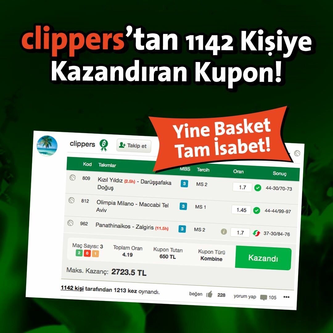 Bilyoner's tweet photo. Yine basket tam isabet! clippers'ı takip et >> https://t.co/7CGzWXfy9u https://t.co/QlHc1VkJoL