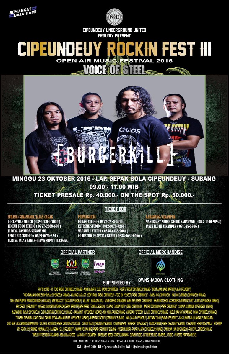 CRF_2016's tweet photo. Subang are U ready?Utk pertama kaliny monster metal asal bdg #BURGERKILL akan hadir diSubang.@subang_indie #MAGNIFYCRF2016 #SEMANGATBAJAKAMI https://t.co/LKt2iFyg2r