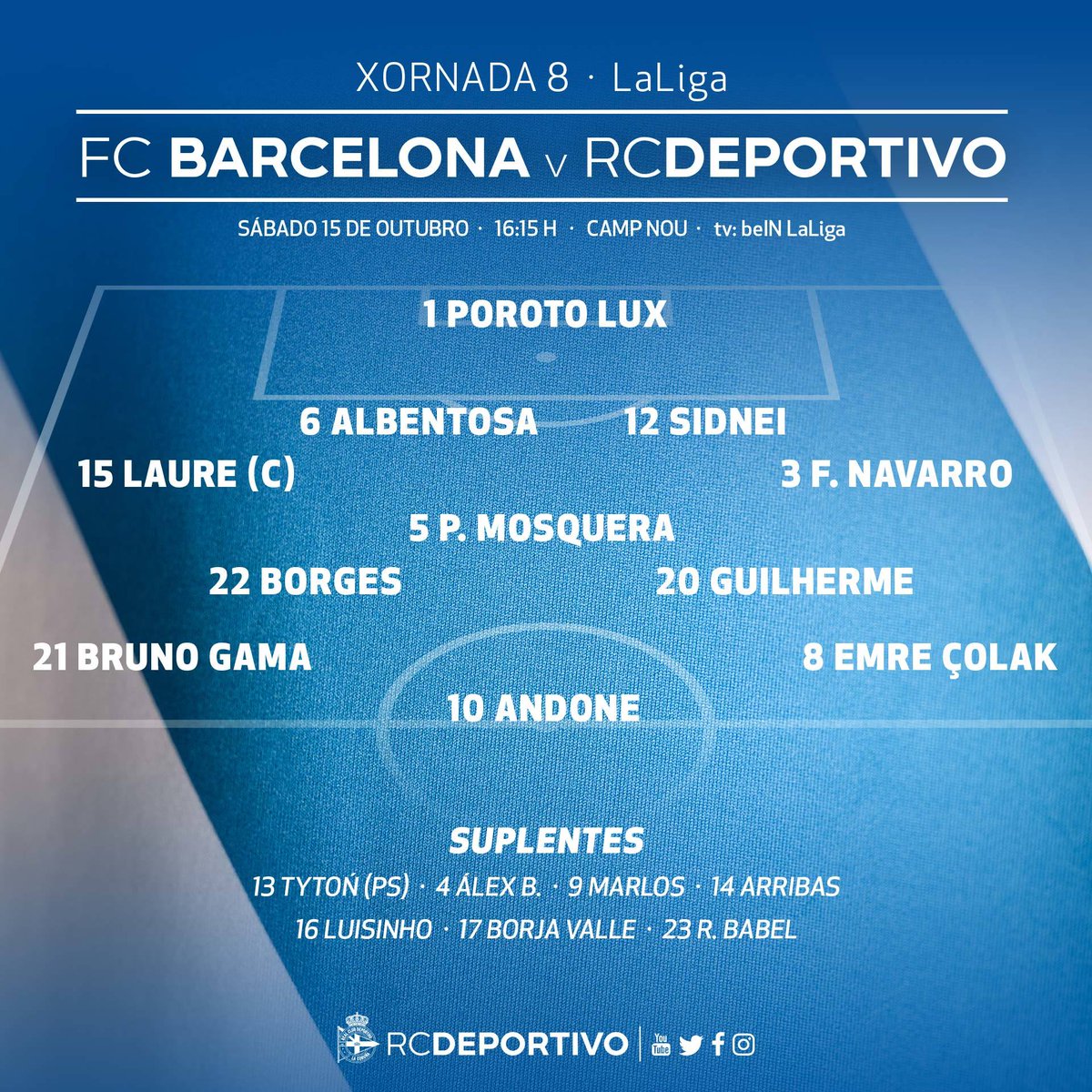 Rc Deportivo Alinacion D Osnosos Para O Barcadepor Da 8ª Xornada De Laliga As 16 15 H No Camp Nou Dalede