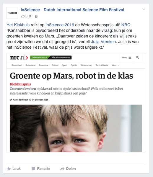 insciencefilm's tweet image. .@hetklokhuis reikt op #InScience de Wetenschapsprijs uit! nrc.nl/nieuws/2016/10…