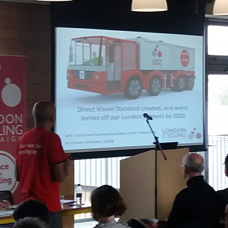 London_Cycling's tweet photo. Direct Vision to #EndLorryDanger a huge campaigning win as @MayorofLondon announced moves to fulfil #signforcycling pledge. #LCCAGM https://t.co/cClmpXzWLa