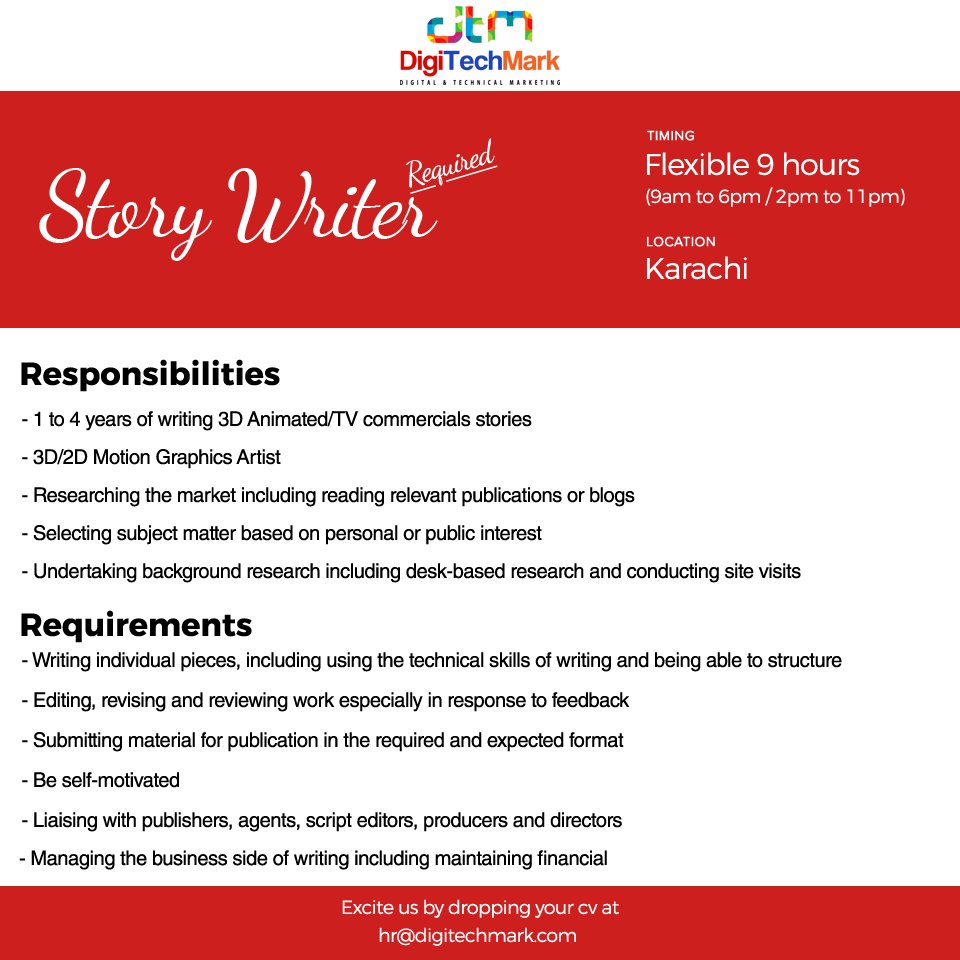 digitechmark's tweet photo. We are looking for an experienced 3d Animated/TV commercials story #writer. Immediate start is required. https://t.co/7a6EqhpVfP