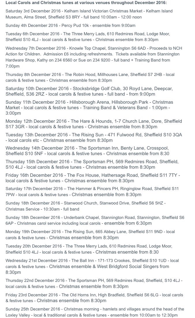 Here's a list of our Dec #localcarols dates: book early if you want food at the pub venues: some are booked up already #sheffieldissuper