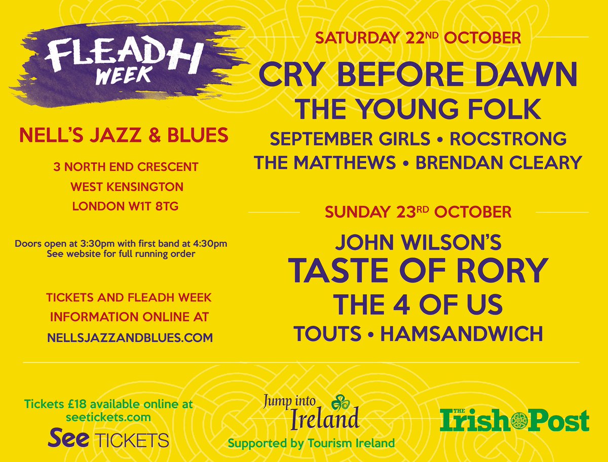 Are you ready for next week end at Nell's?? Full line up and tickets are available here:
bit.ly/2bI1wFz #Fleadh #London