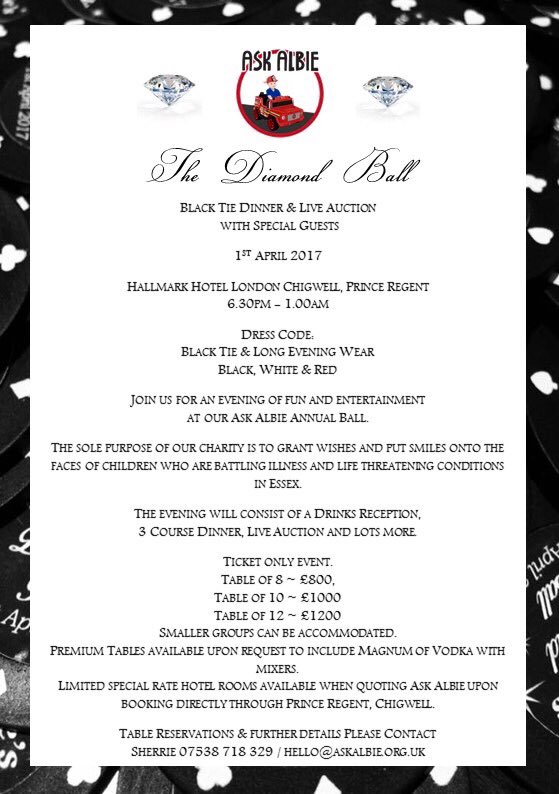 Tables now available for the amazing <a href="/AskAlbie/">Ask Albie</a> annual ball, 1st April 2017 ❤️ contact Sherrie 07538718329 / hello@askalbie.org.co.uk ❤️