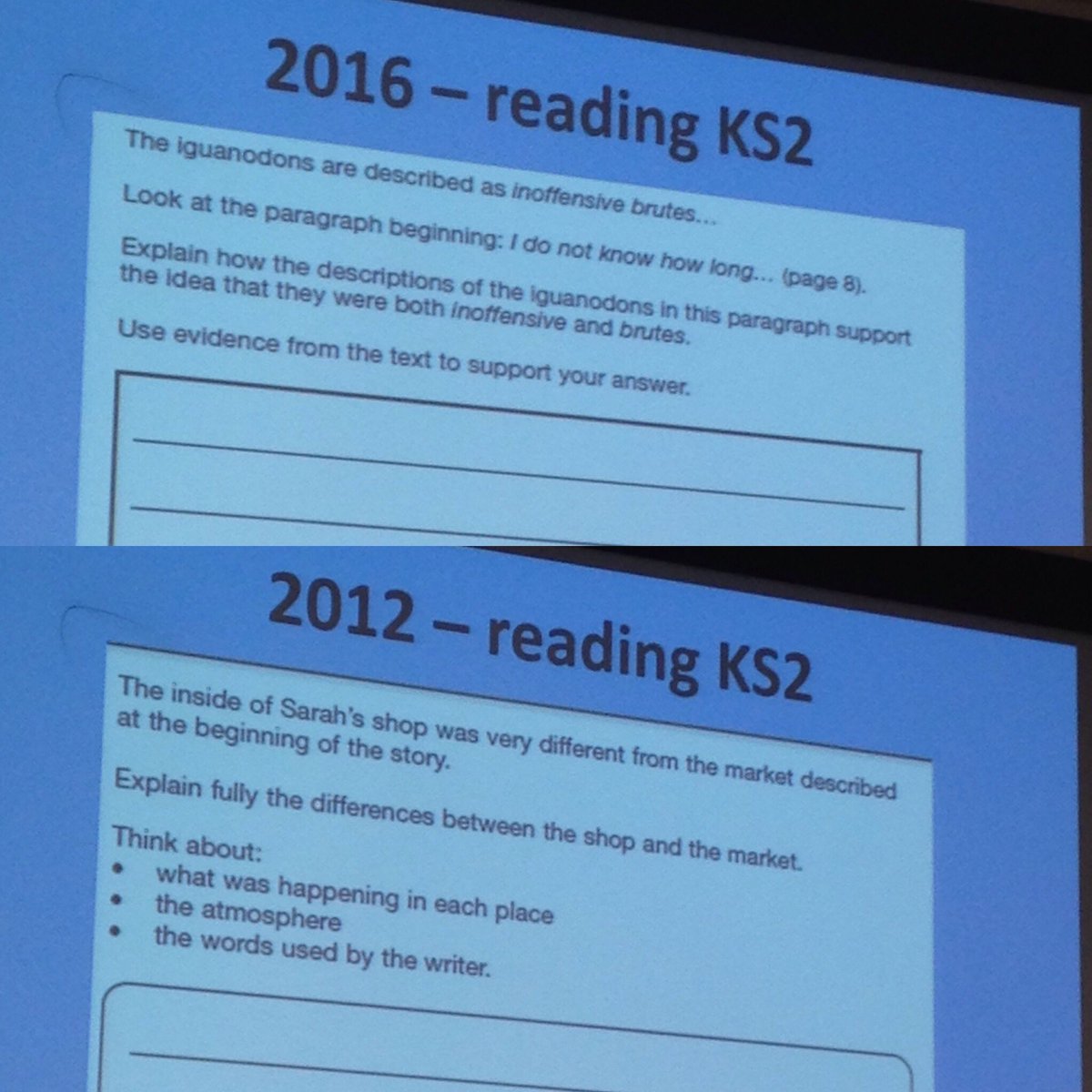 KateErricker's tweet photo. John Tomsett: difference between 2012 &amp; 2016 KS2 SATs questions #tlt16 https://t.co/6KdDFjbuiB