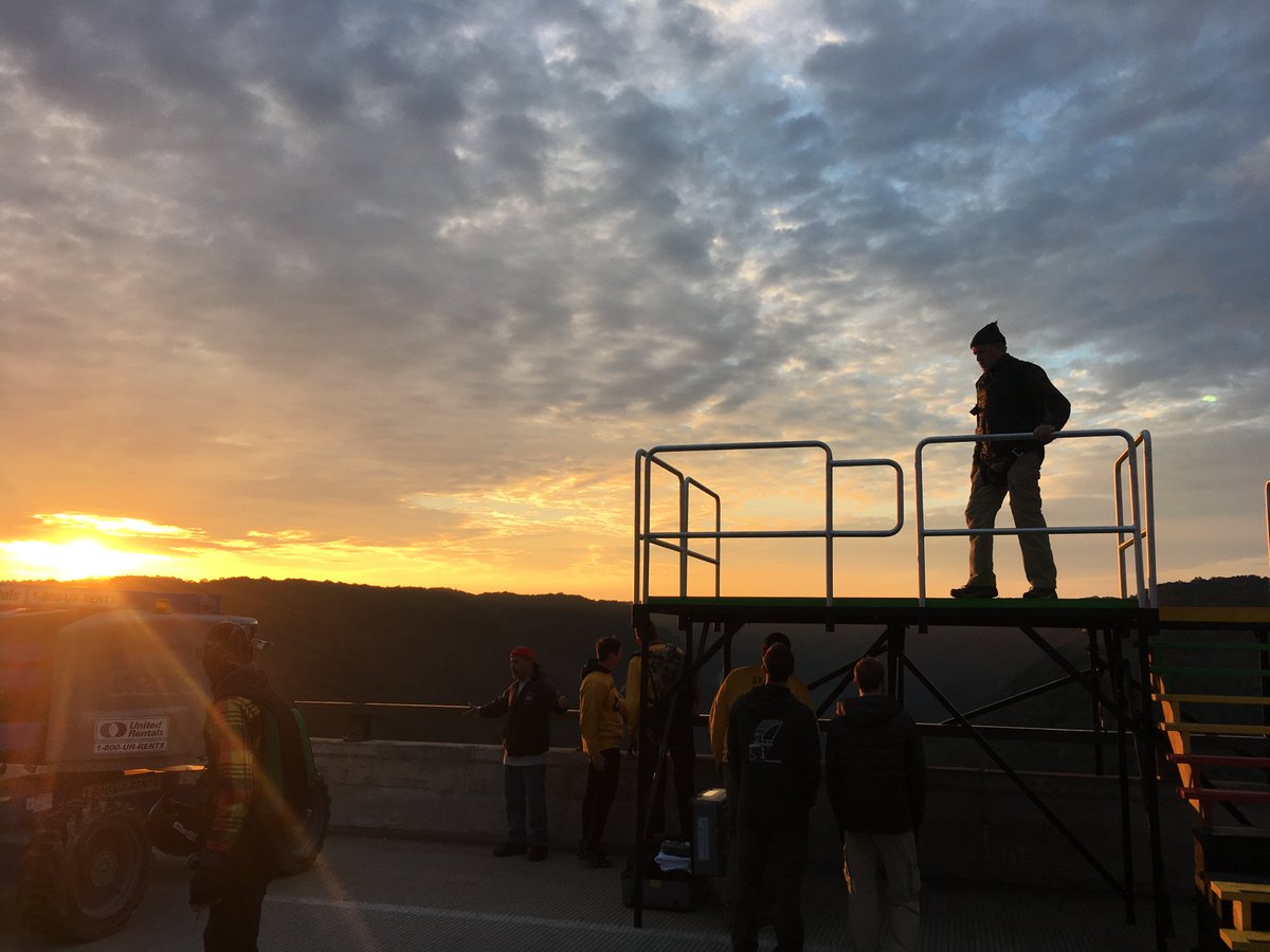 bridgeday's tweet photo. Happening now - setup of the exit point for BASE jumpers! #BridgeDay https://t.co/KIBvNMsgbx