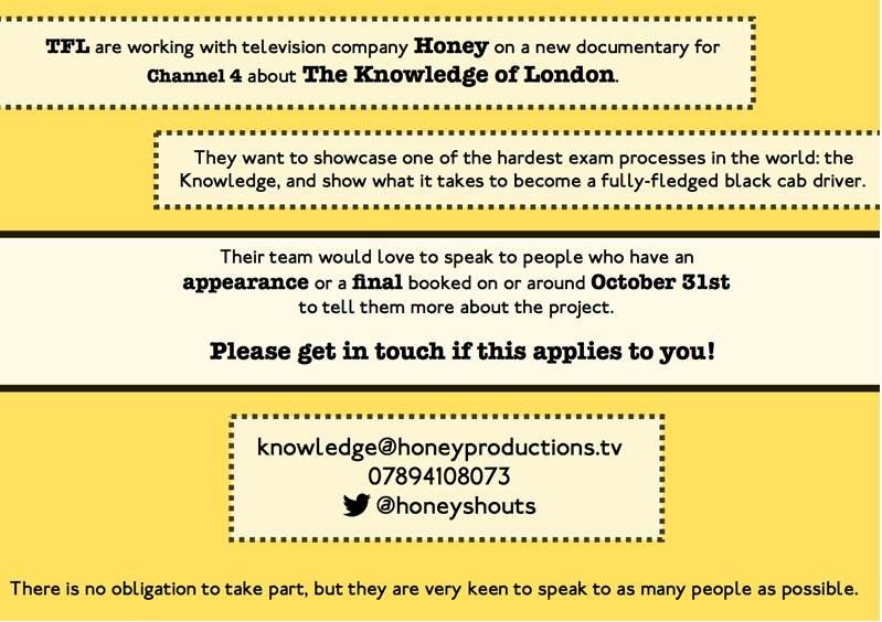 TfLTPH's tweet image. We are working with @honeyshouts on a documentary about The Knowledge. Get in touch with their team for more info.