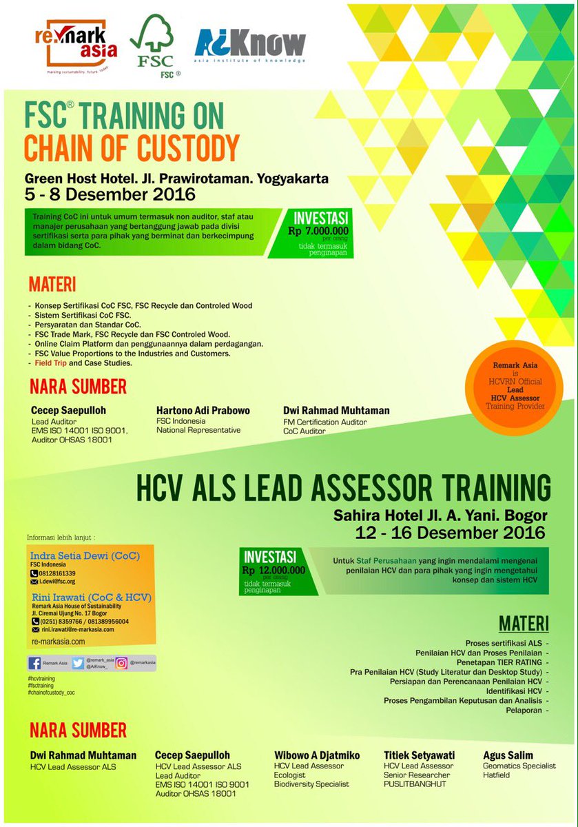 DwiRMuhtaman's tweet photo. Mari daftarkan segera untuk ikut #HCVTraining dan #CoCTraining by @AiKnow_ dan @FSC_IC @sertifikasiFSC @AidaGreenbury @AsiaPulpPaper @WWF https://t.co/wXsLjx6FSA