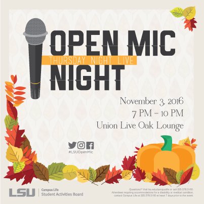 t_marieeeeee's tweet photo. This Thursday #LSUOpenMic
Next Thursday #LSUMovieNight https://t.co/sRcAHHfs0p