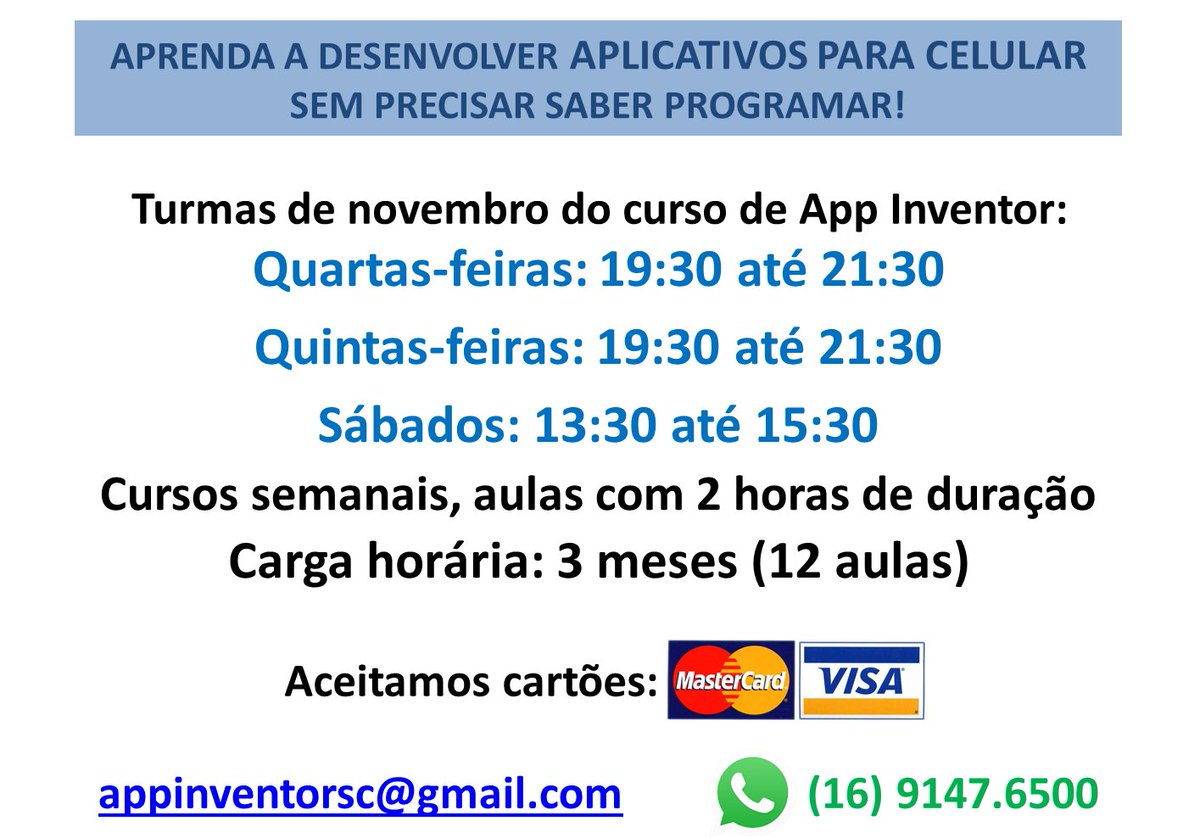 appinventorsc's tweet image. Horários dos cursos