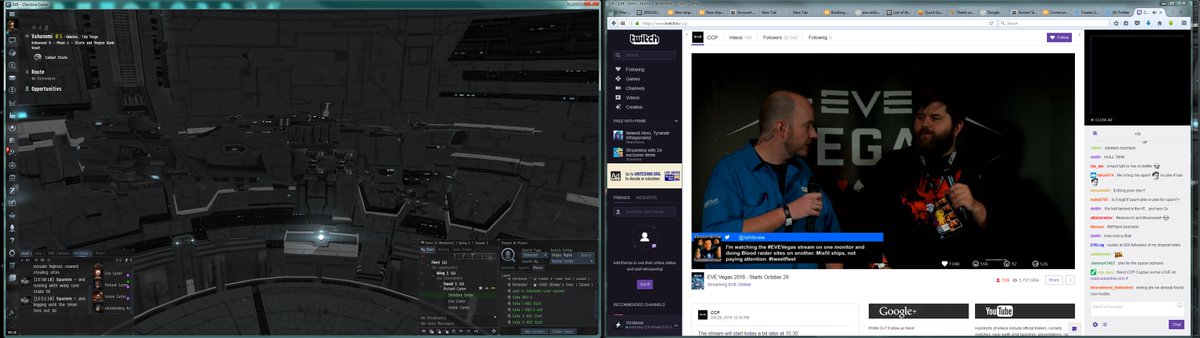 This is my two monitors. I'm watching #EVEVegas at twitch.tv/ccp while playing #eveonline #tweetfleet. PICK ME!!! lol