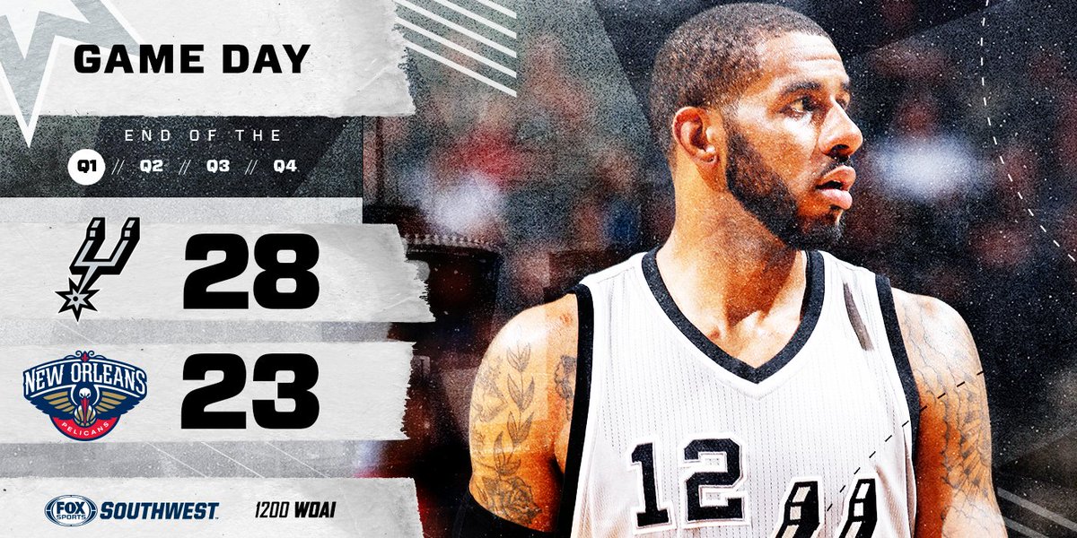spurs's tweet photo. Silver &amp; Black leading New Orleans 28-23 at the end of one. 

LA -  8 points
Pau - 7 points https://t.co/MvLAIUFrmM