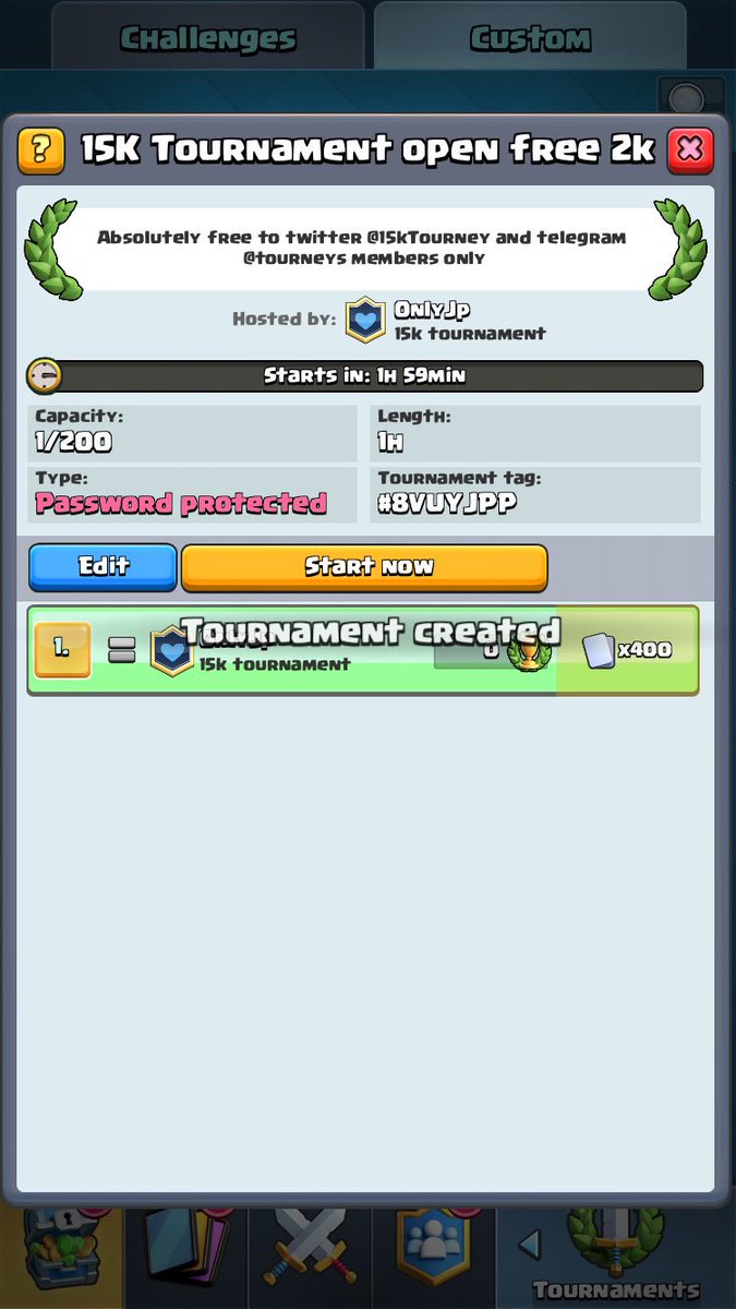 15KTourney's tweet photo. Free tournament of the night. Password will be released shortly before it starts. https://t.co/JKXh00vjEX