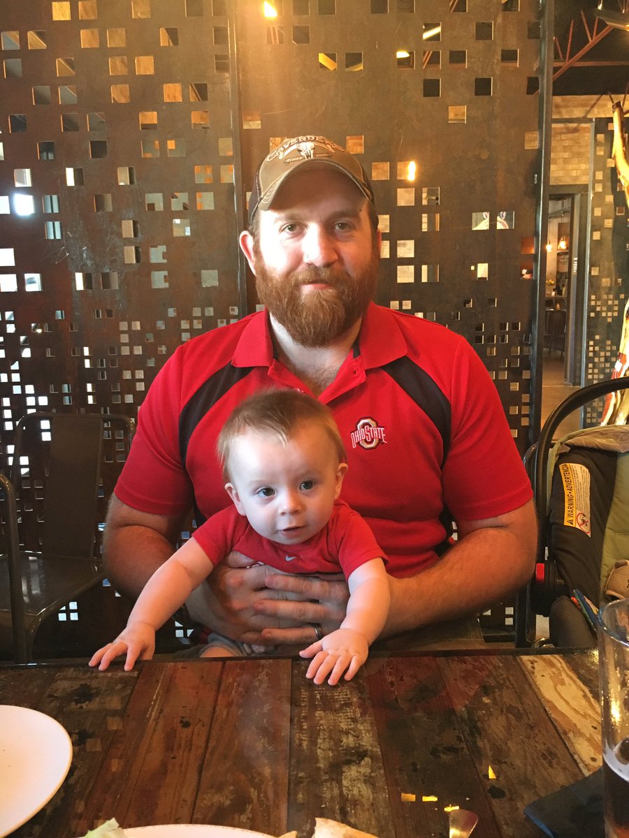 cmaeburton's tweet photo. My friend Kyle and his son Roman are twins in their Ohio State gear on college football Saturday! #mcom2311fall2016 https://t.co/MH4zKcRY1J