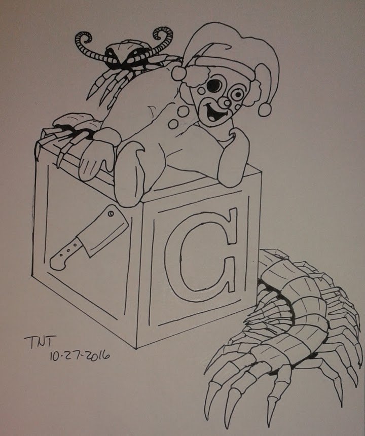 HiddenHistoryOz's tweet photo. C is for #Creepy. Clown and Centipede. Word of the Day: CREEPY. #inktober #inktober2016 https://t.co/Q2VsZYw8Wq