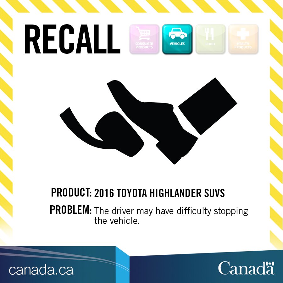 Transport_gc's tweet photo. #Recall: Toyota Highlander #SUVs. The brake fluid level sensor may not be connected. https://t.co/gD4PlCs6ep https://t.co/BLCF00U75B
