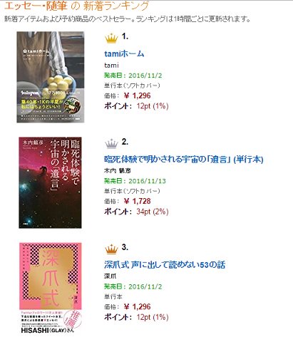 深爪 On Twitter いよいよ来週発売に迫った 深爪式 がなんとamazonランキングエッセイ部門で3位になっていました 先日 Hisashiさんがインスタにアップしてくださった影響が大きいと思うんですが Glayファンのみなさまにどう思われるかめちゃくちゃ不安になっており