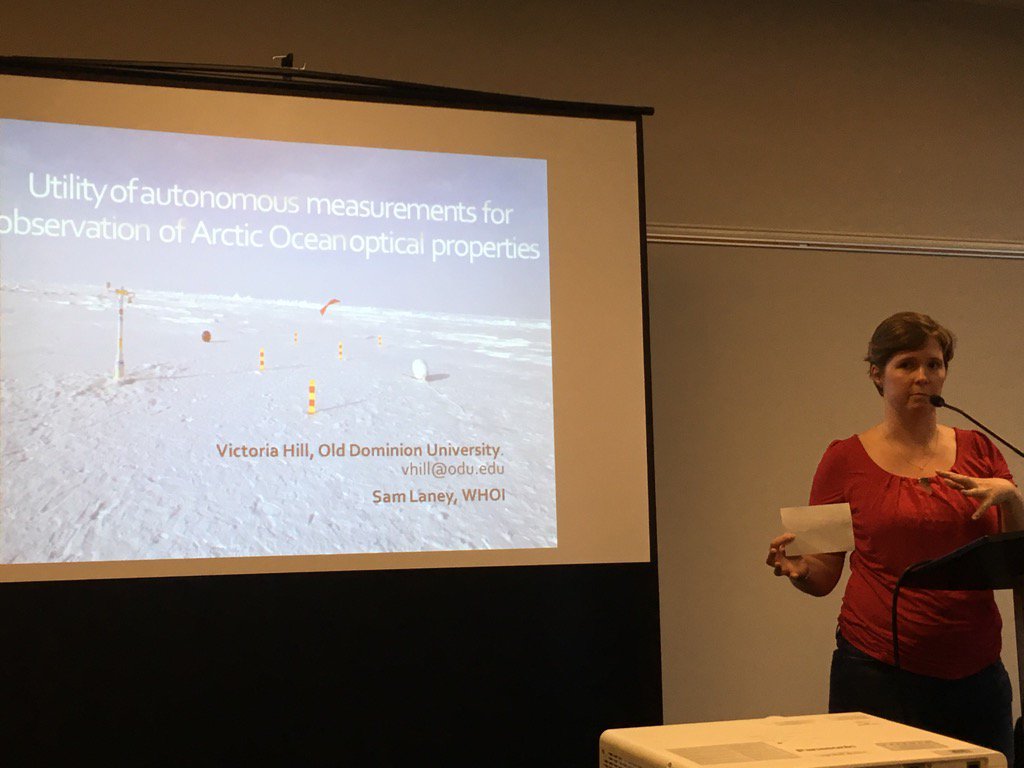 erehm's tweet photo. Victoria Hill (Old Dominion U) shows us how biooptical robots can see biology in Arctic that mortals cannot. #OO2016 https://t.co/SndDuiijHE