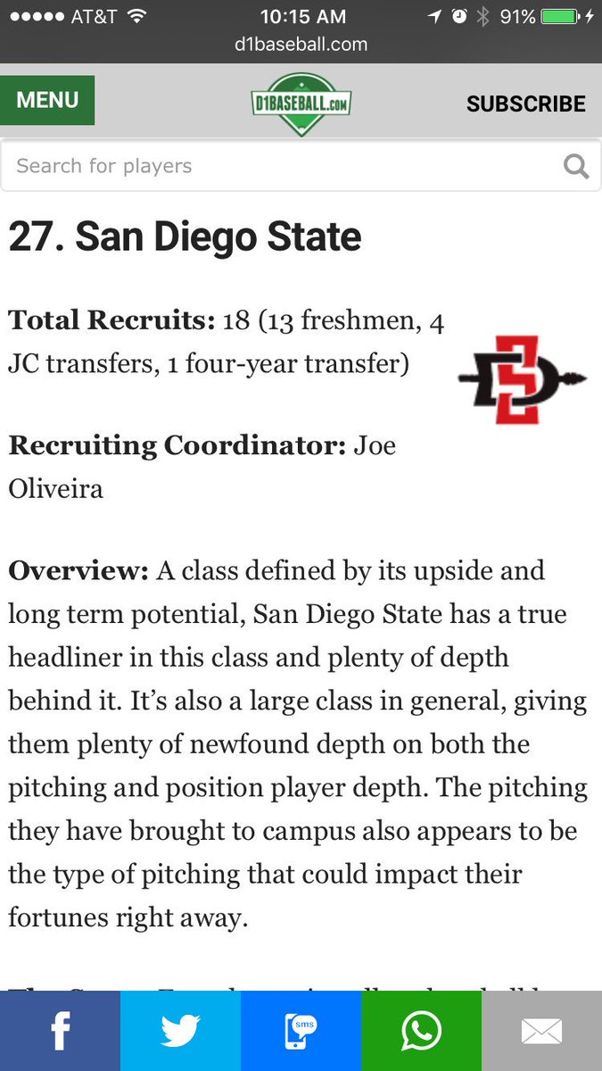 AztecBaseball's tweet photo. More accolades for our 2016 incoming class. This time it's ranked 27th by @d1baseball #weareaztecs #stepone https://t.co/a8nUUBvfJD