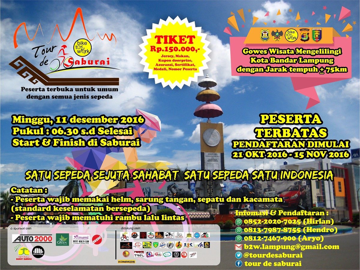 Buruan daftar karena Peserta
#tourdesaburai <a href="/b2wJuliusCaesar/">Julius Caesar</a> <a href="/Toto_B2W/">Toto Sugito</a> <a href="/mridhoficardo/">M. Ridho Ficardo</a> @HumasPemkot_BDL <a href="/B2WIndonesia/">Bike2Work Indonesia</a> <a href="/InfoBDL/">Info Bandar Lampung™</a> <a href="/kicauBDL/">Kicau BDL</a>