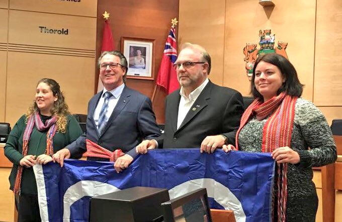 Honoured to receive friendship sash &amp; Métis flag from <a href="/CnclrGrenier/">Paul Grenier</a> &amp; Members of <a href="/NRMetisCouncil/">Niagara Métis</a> at <a href="/NiagaraRegion/">Niagara Region</a> Council meeting tonight.