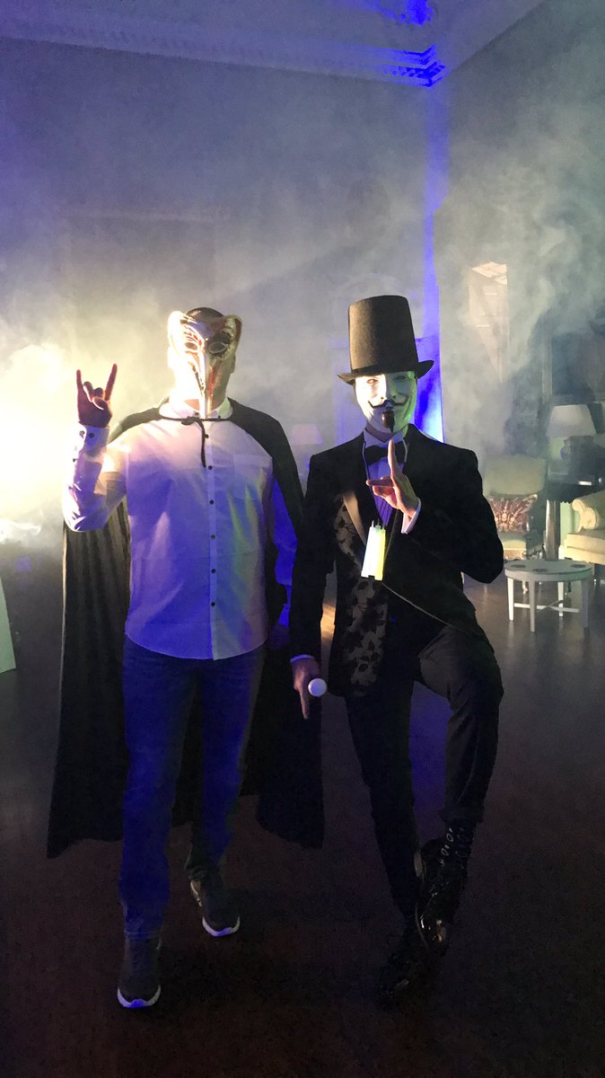 john's tweet photo. me and @justinbieber are the only ones who showed up to this masquerade party 👺👹 https://t.co/t3Q2X1fbs1