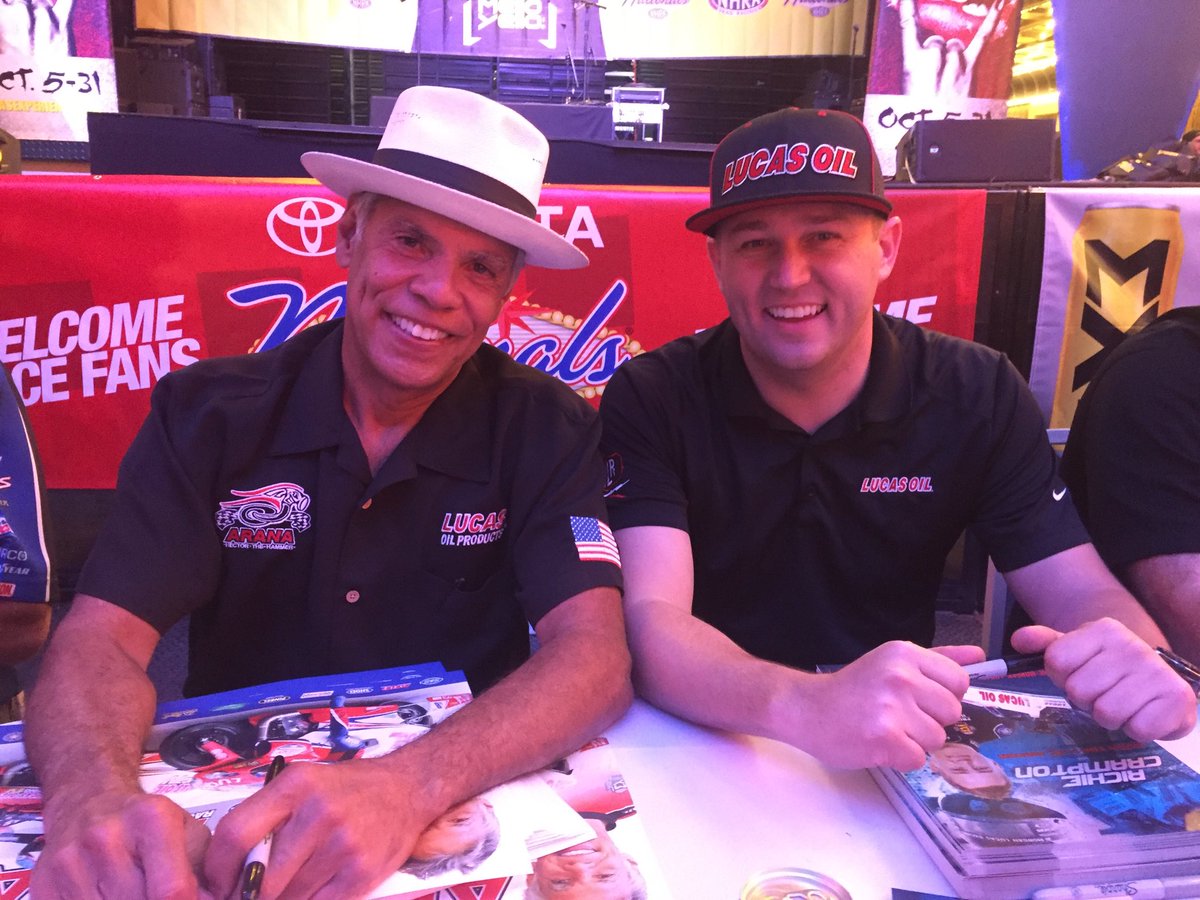 MLRtopfuel's tweet photo. @richiecrampton and Hector Arana are signing autographs at the NHRA #FanFest on Fremont tonight! @ToyotaRacing @Lucas_Oil https://t.co/hOxEkltiVg
