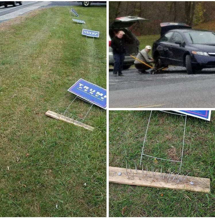 ScottPresler's tweet image. How To Catch A Hillary Voter: 

Step 1: Put out Trump signs
Step 2: Set the nail trap
Step 3: Wait

#OregonStandoff #RIPvine #NoDAPL #Trump